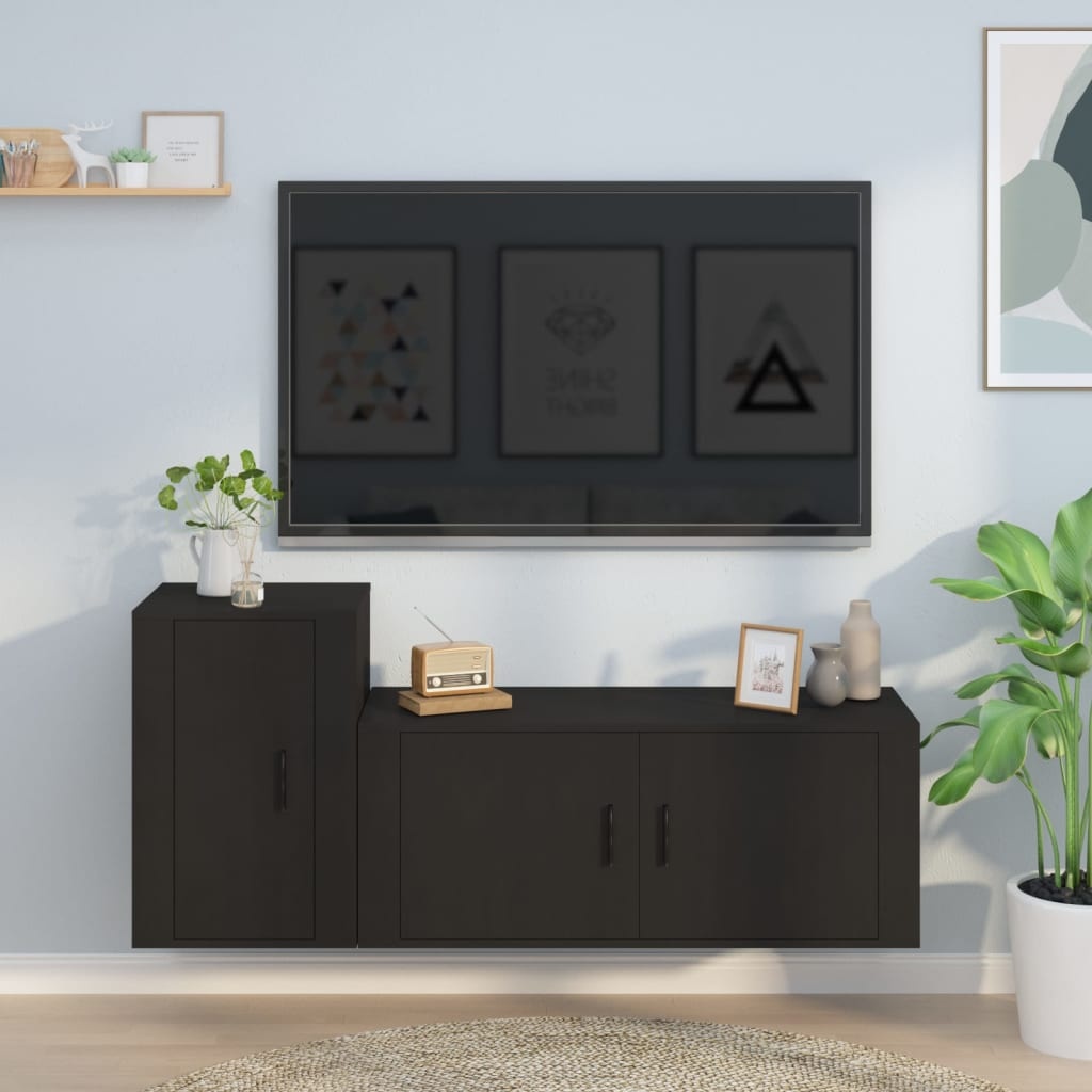 2-delige Tv-meubelset bewerkt hout zwart