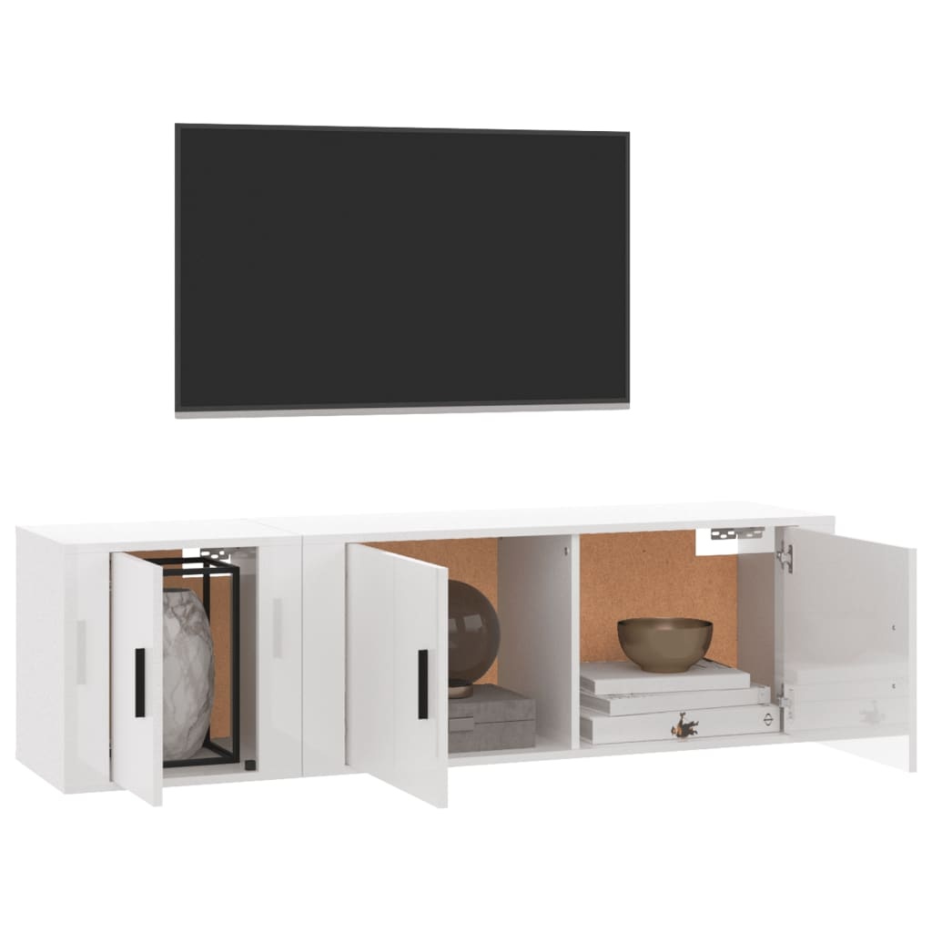 2-delige Tv-meubelset bewerkt hout hoogglans wit