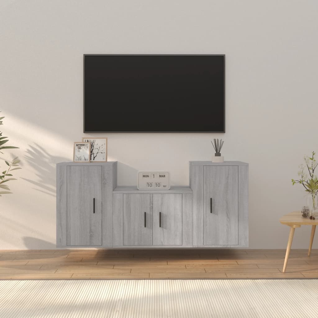 3-delige Tv-meubelset bewerkt hout grijs sonoma eikenkleurig