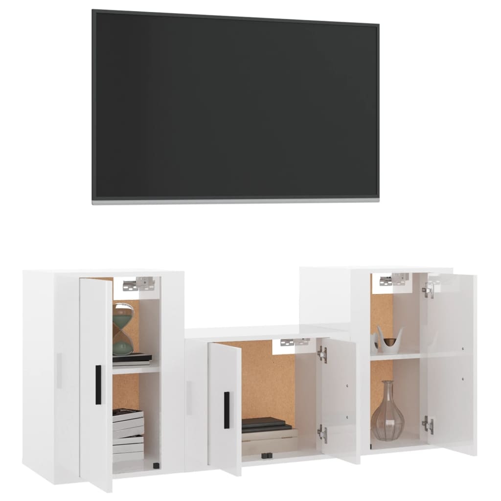 3-delige Tv-meubelset bewerkt hout hoogglans wit