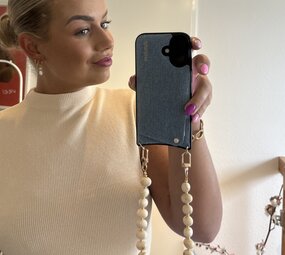 Telefoonkoord kralen beige-goud