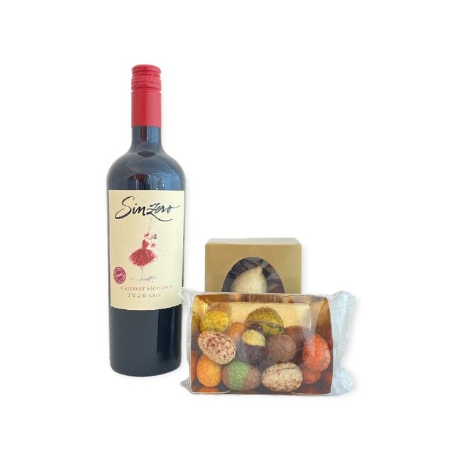 Sinzero Alcoholvrij Paaspakket Rood Cabernet Sauvignon 75CL met Luxe Paaschocolade en Bonbons