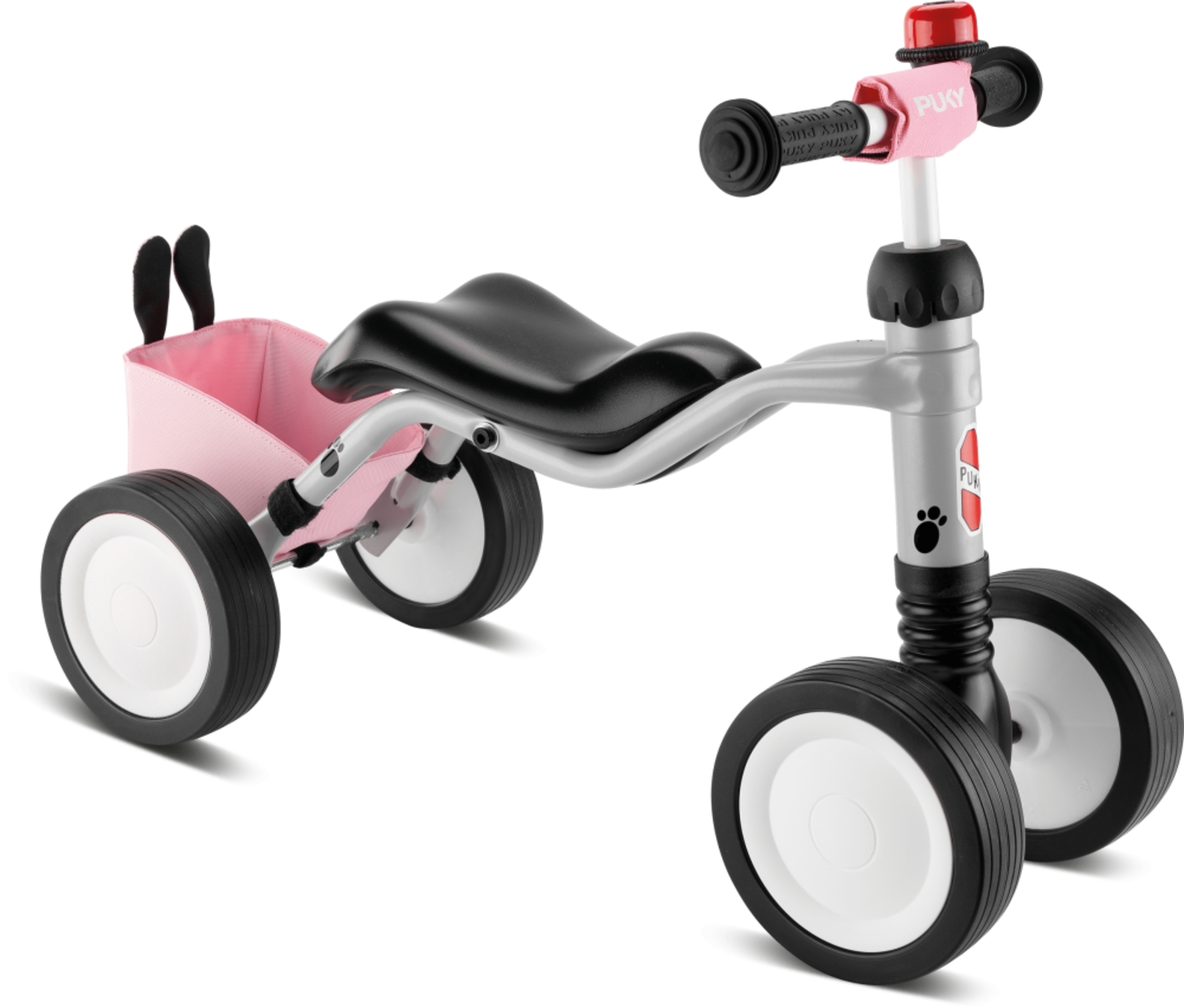 Puky Puky Wutsch Bundle - 4 Wheel Ride On With Swing Axel, grey/pink, with bell, bag