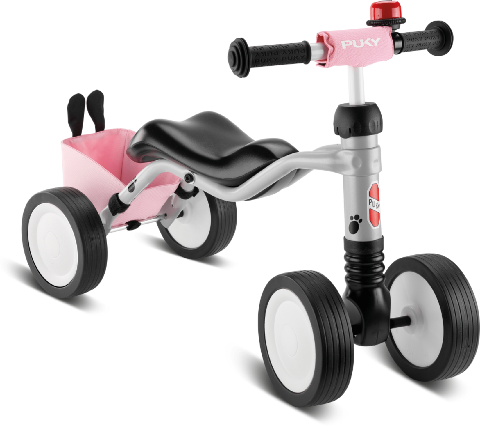 Puky Puky Wutsch Bundle - 4 Wheel Ride On With Swing Axel, grey/pink, with bell, bag