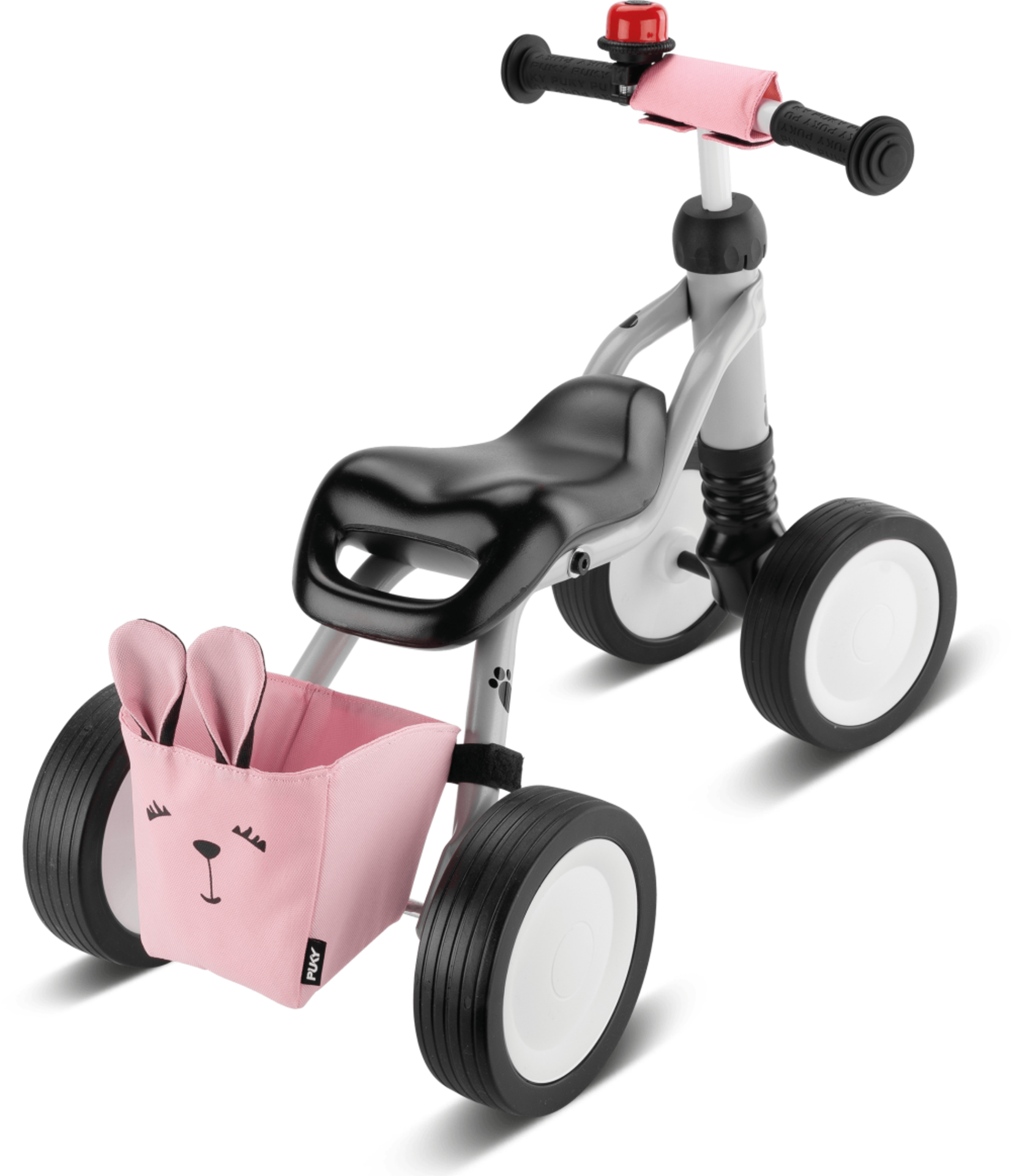 Puky Puky Wutsch Bundle - 4 Wheel Ride On With Swing Axel, grey/pink, with bell, bag