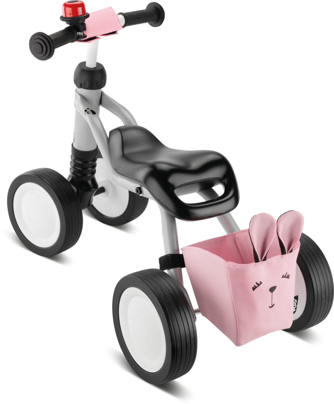 Puky Puky Wutsch Bundle - 4 Wheel Ride On With Swing Axel, grey/pink, with bell, bag