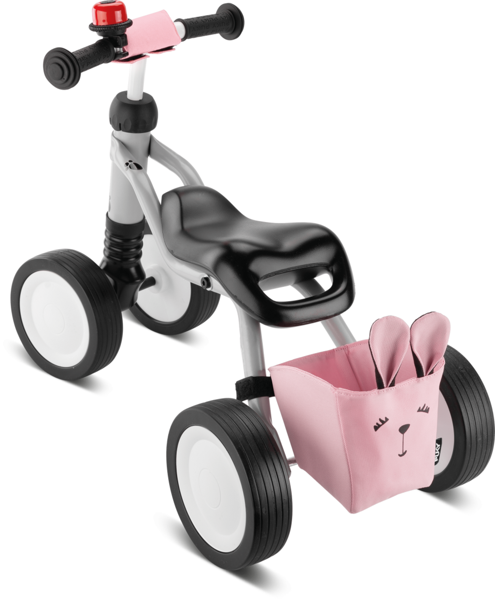 Puky Puky Wutsch Bundle - 4 Wheel Ride On With Swing Axel, grey/pink, with bell, bag