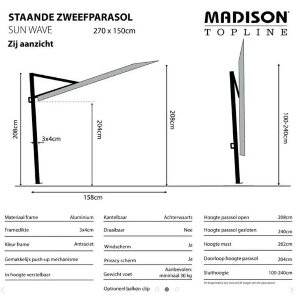 Madison Parasol Sunwave 270cm multifunctioneel instelbaar