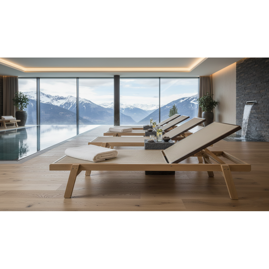 Ramberti Luxe textileen ligbed van essenhout met aluminium