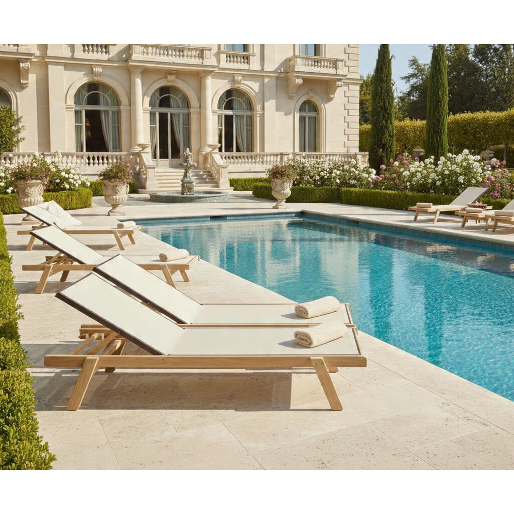 Ramberti Luxe textileen ligbed van essenhout met aluminium