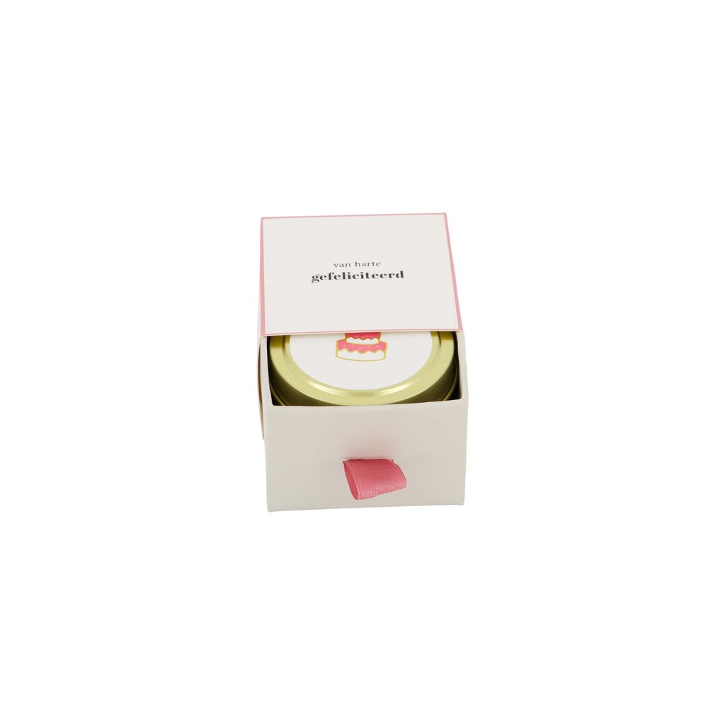 Zusss geurkaars tinnen in schuifdoosje gefeliciteerd taart wit/roze