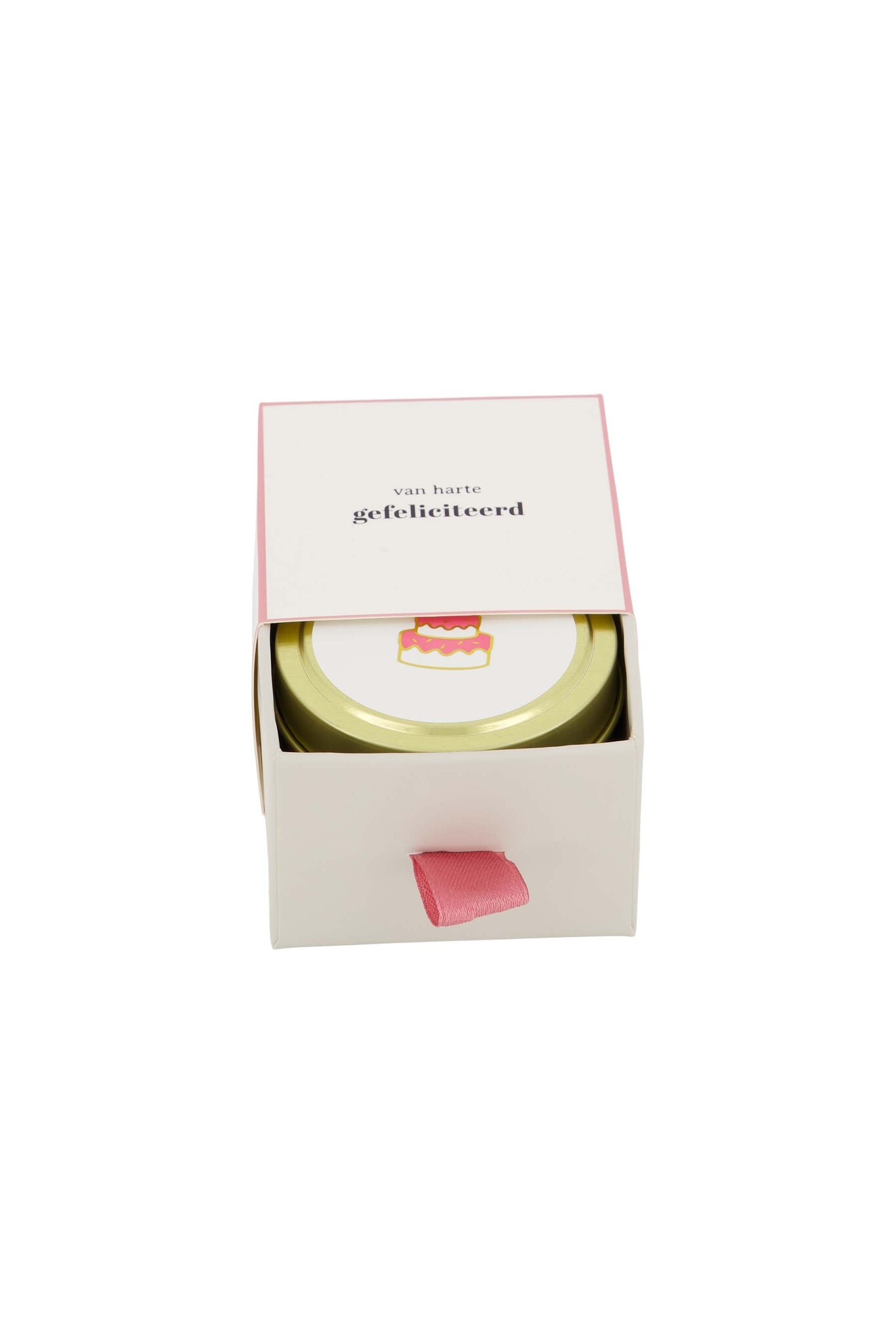 Zusss geurkaars tinnen in schuifdoosje gefeliciteerd taart wit/roze
