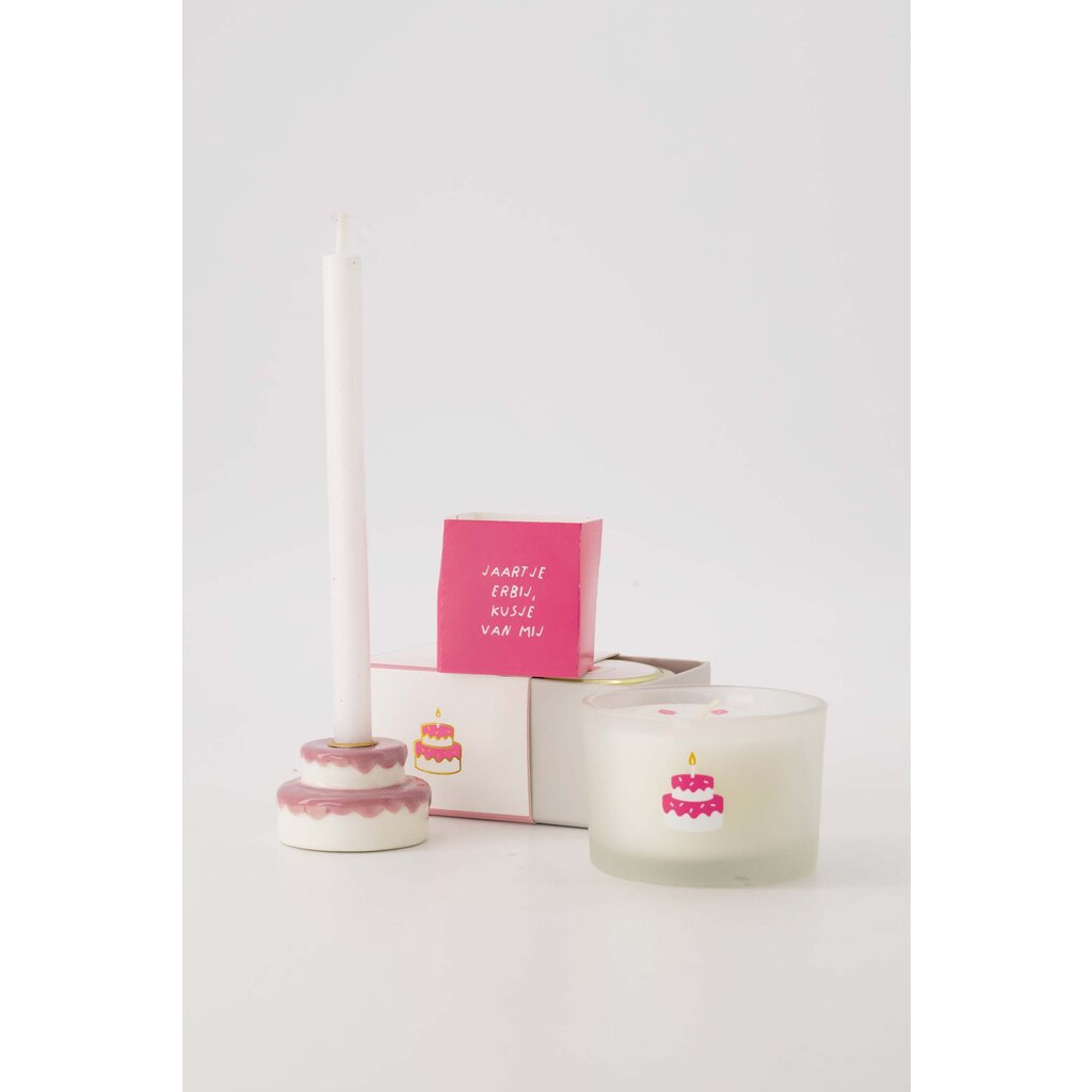 Zusss geurkaars tinnen in schuifdoosje gefeliciteerd taart wit/roze