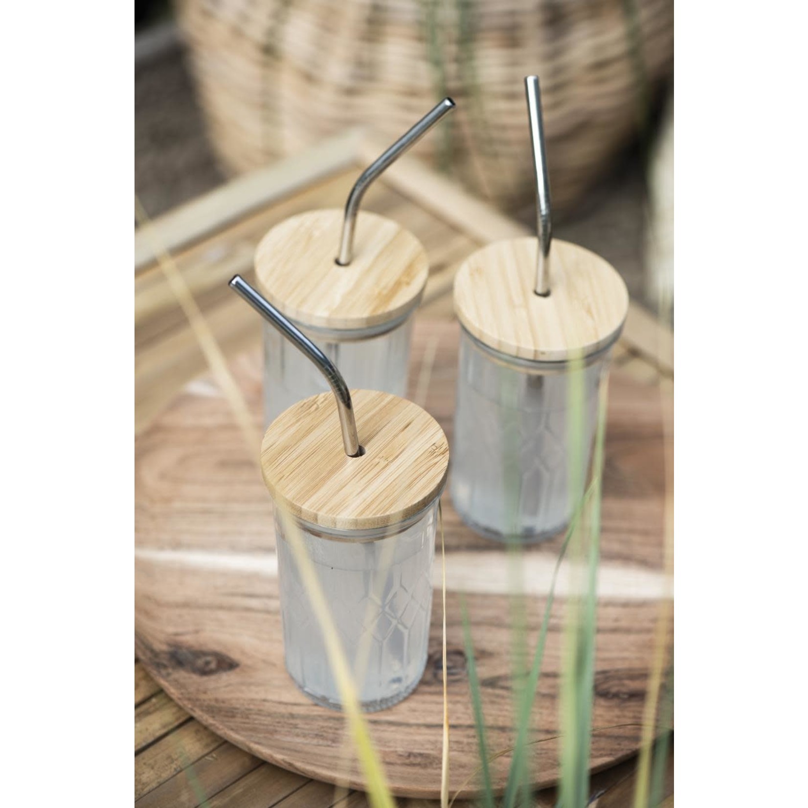 Ib Laursen Set van 2 glazen met bamboe deksel/rietje