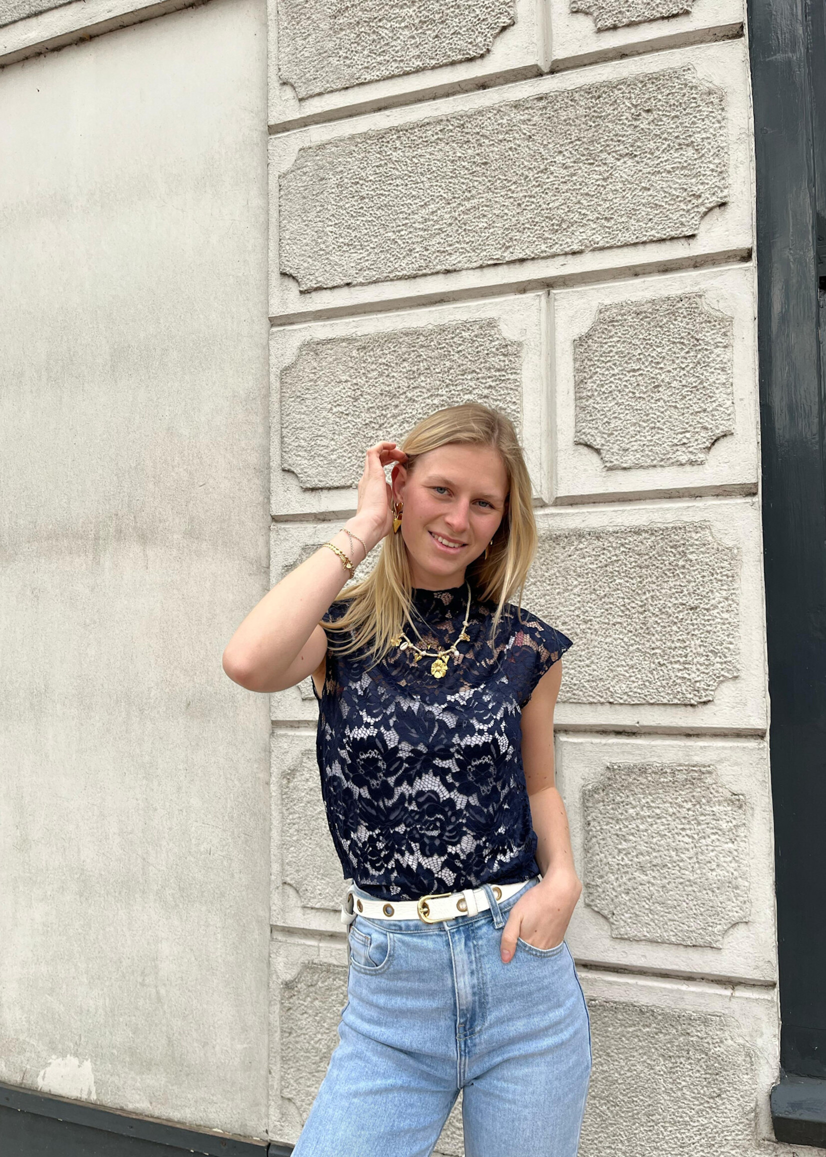 Flo Boutique Lace top short sleeve Maddy Navy