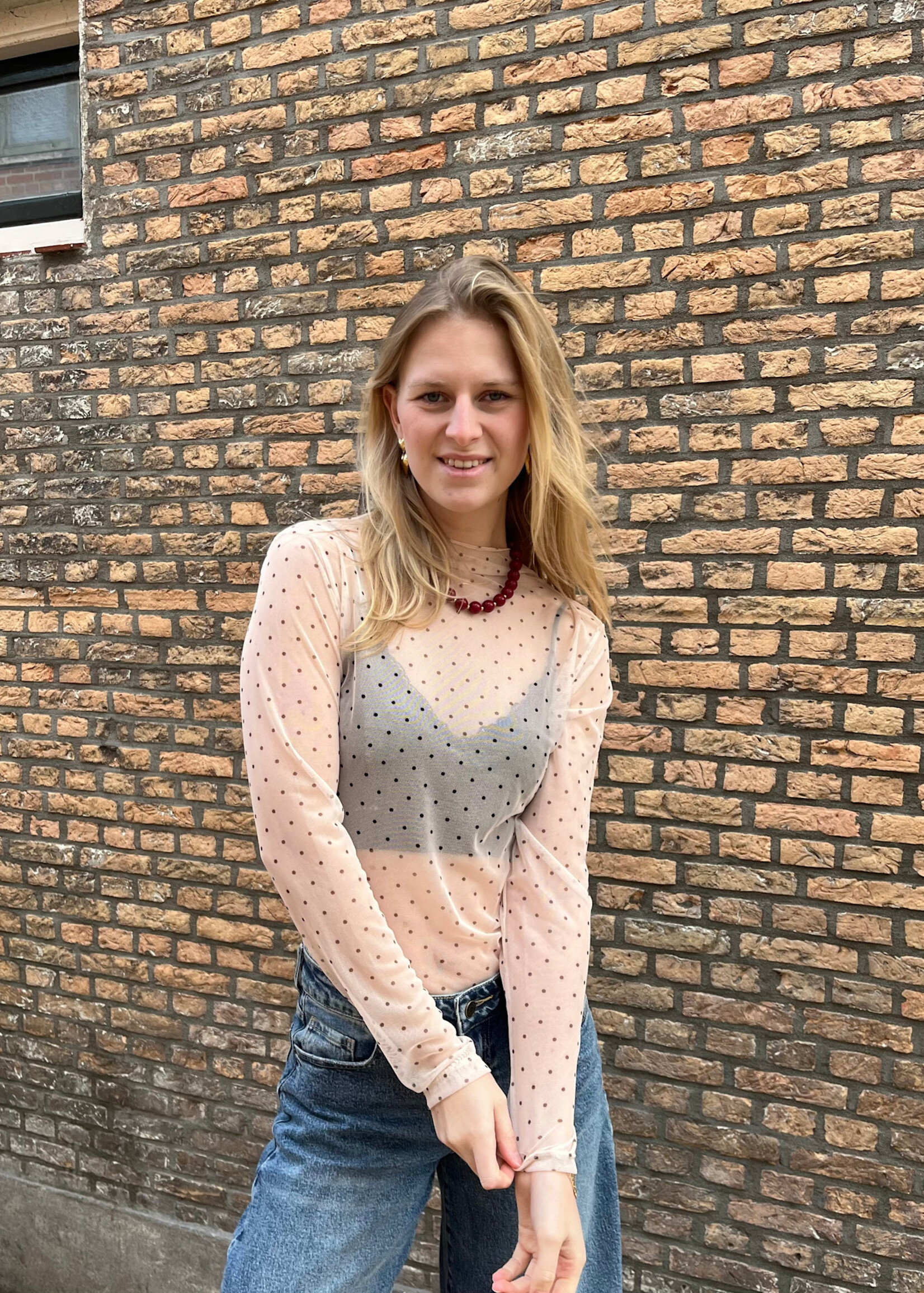 Flo Boutique Mesh top Dots Beige