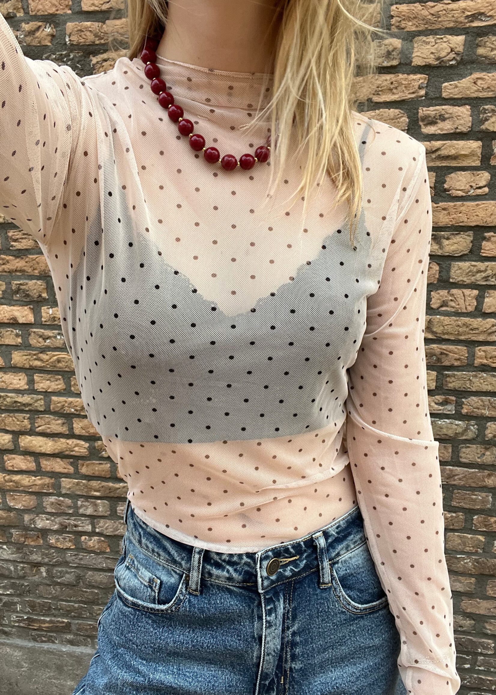 Flo Boutique Mesh top Dots Beige