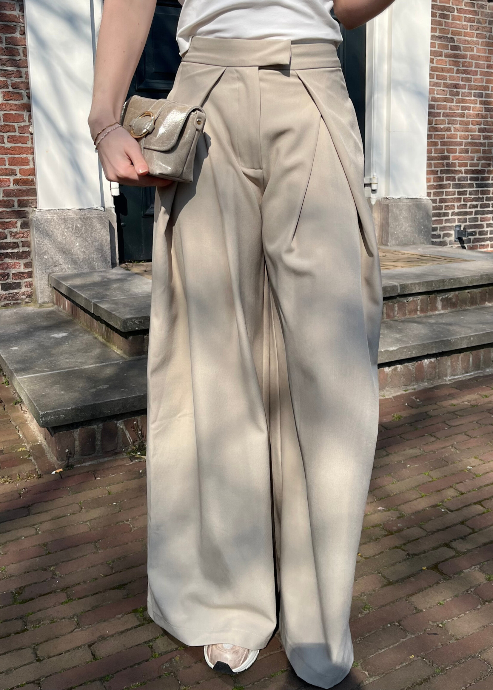 Flo Boutique Pleated Wide Leg broek Deirdre Light Taupe