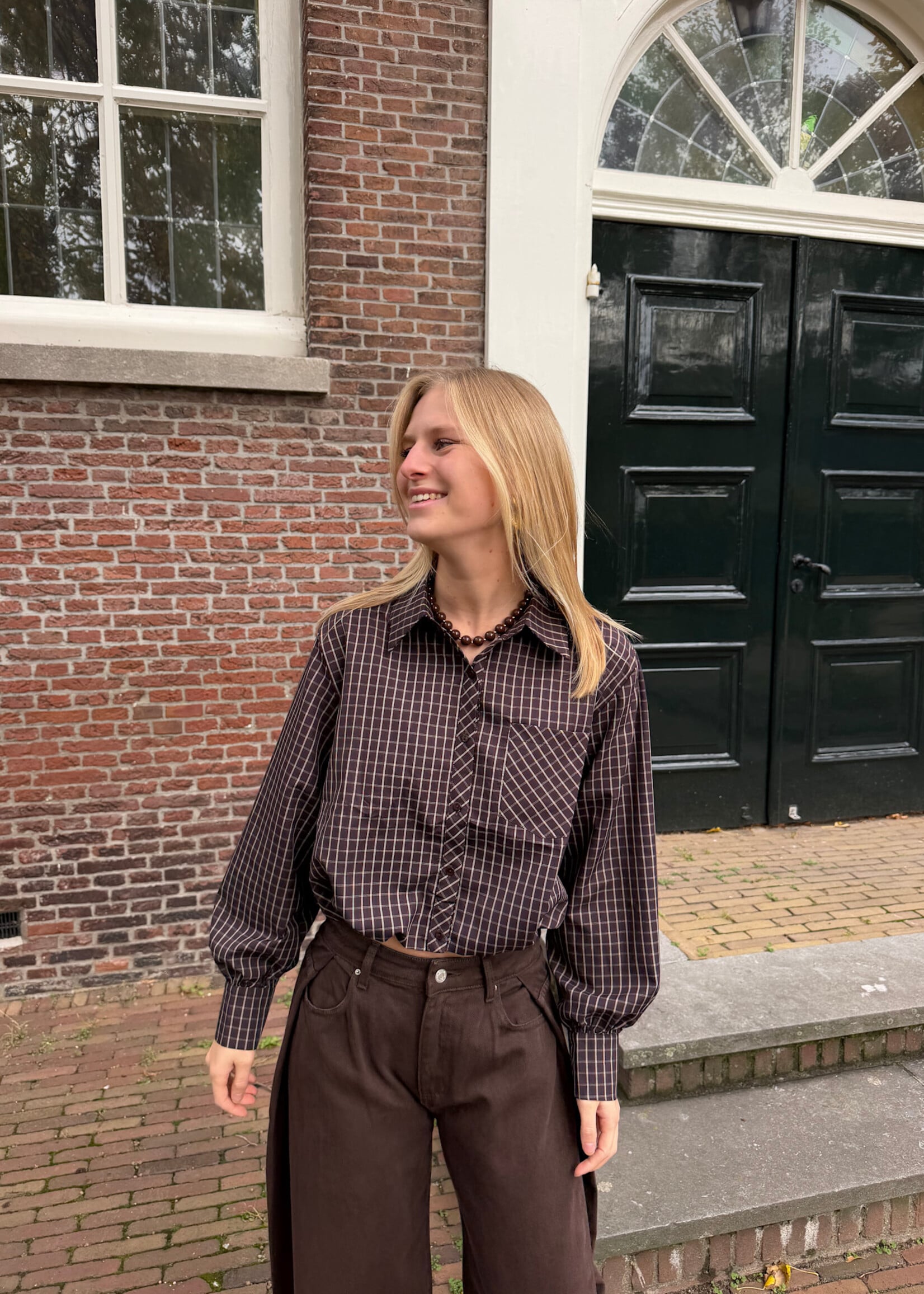 Flo Boutique Cropped Blouse Lola Checked Brown