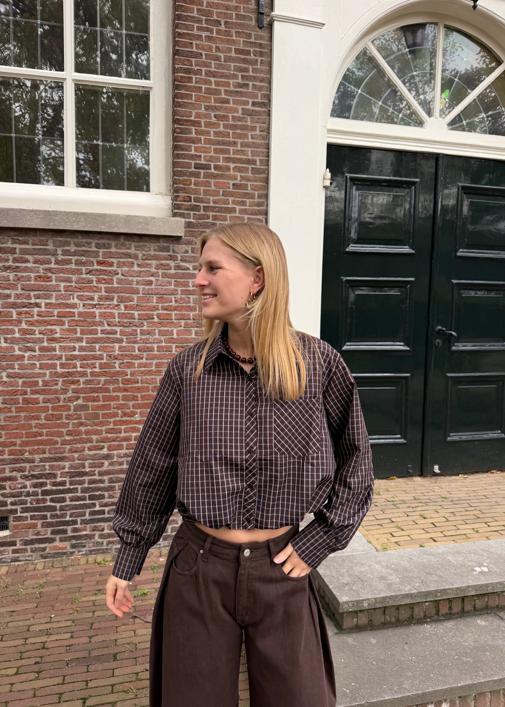 Flo Boutique Cropped Blouse Lola Checked Brown