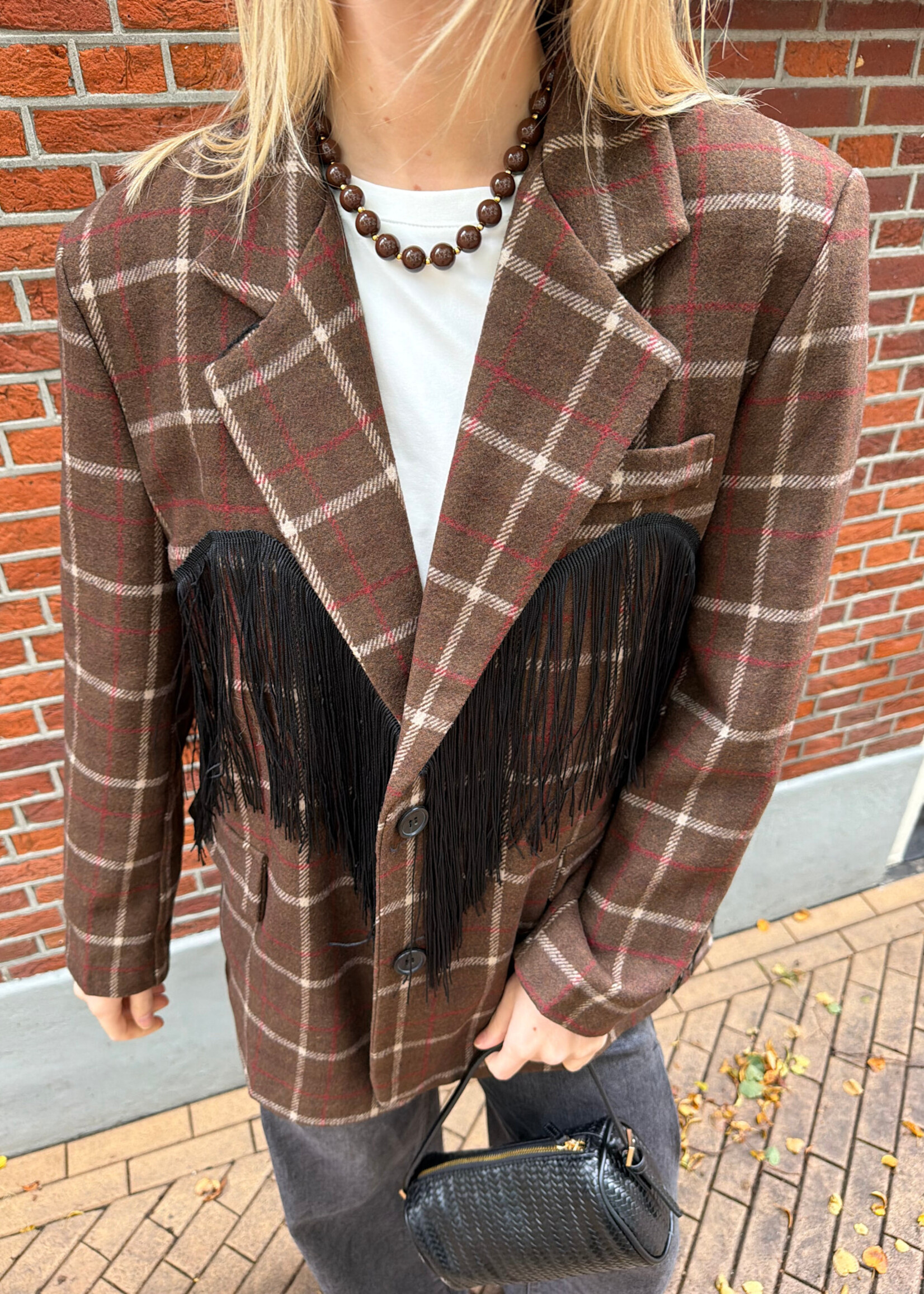 Flo Boutique Checked Blazer Ella Fringes Choco
