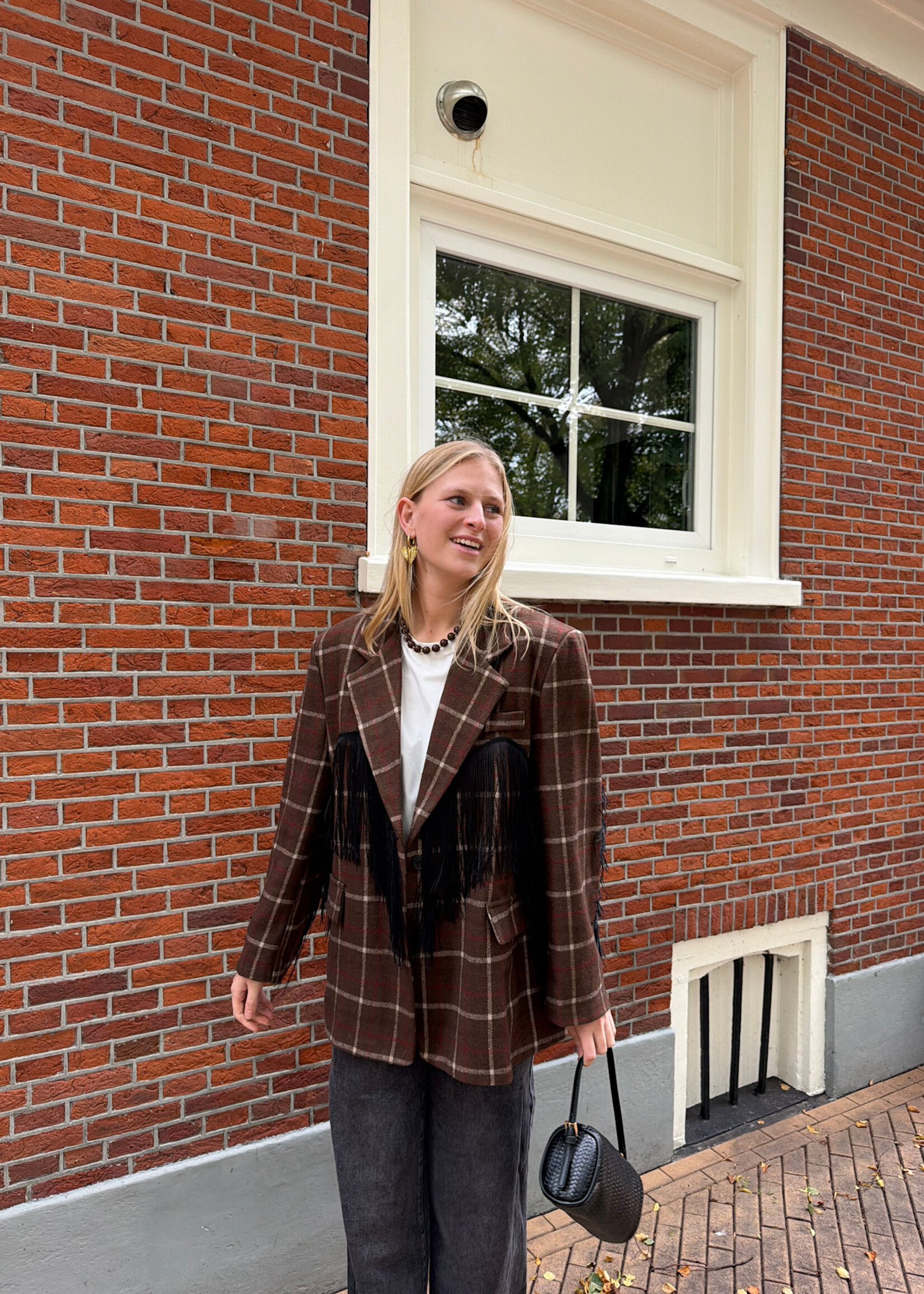 Flo Boutique Checked Blazer Ella Fringes Choco