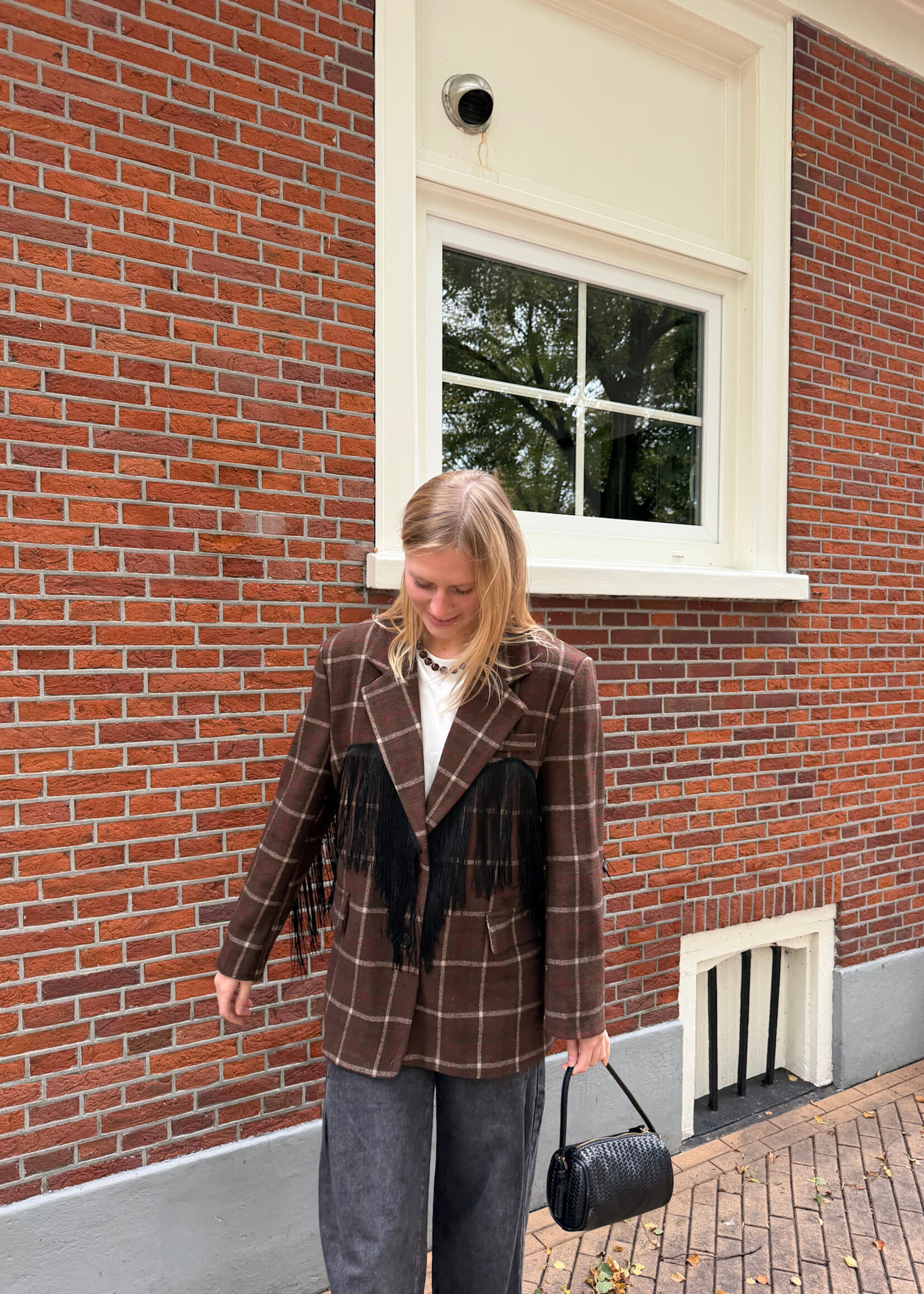 Flo Boutique Checked Blazer Ella Fringes Choco