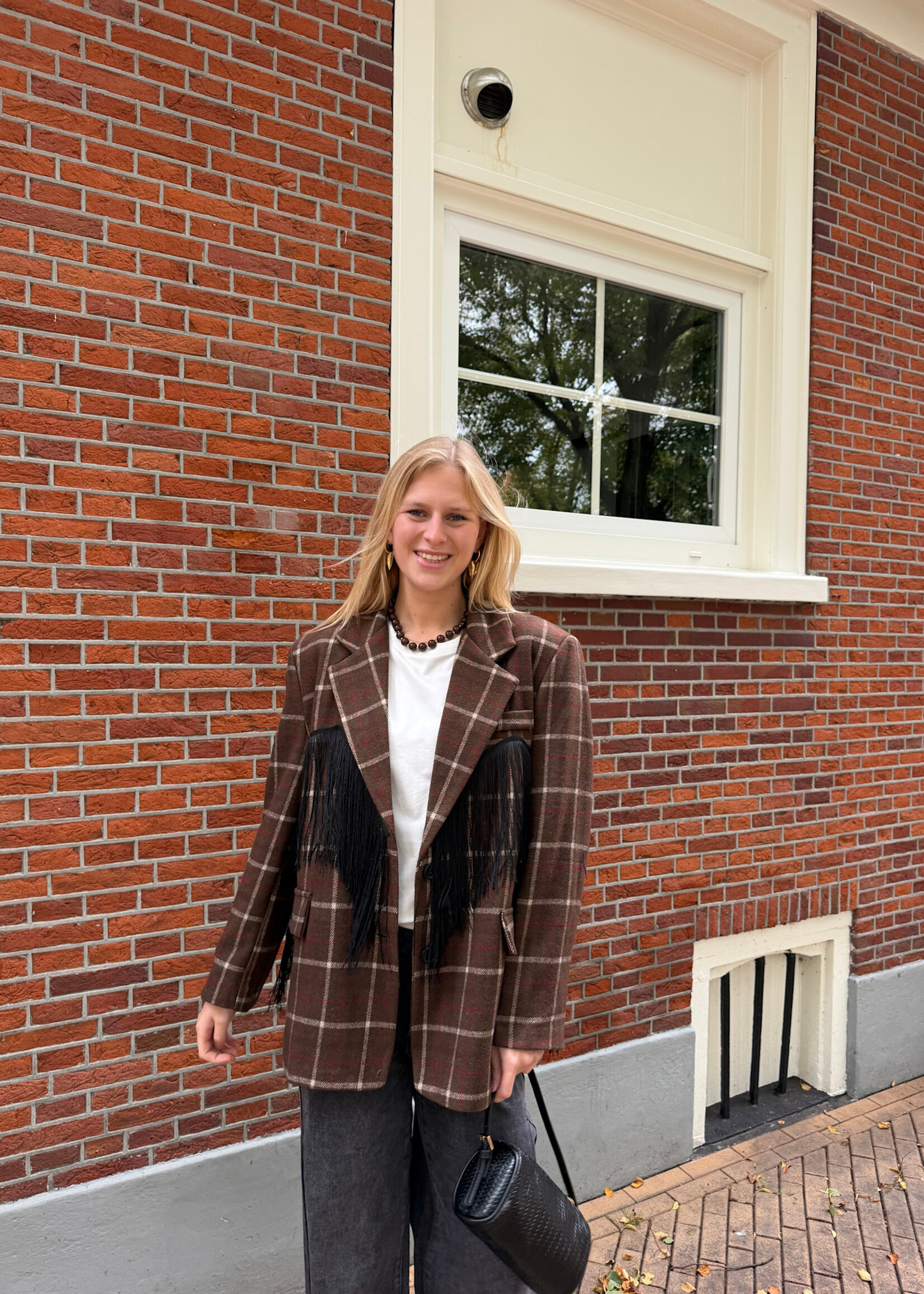 Flo Boutique Checked Blazer Ella Fringes Choco