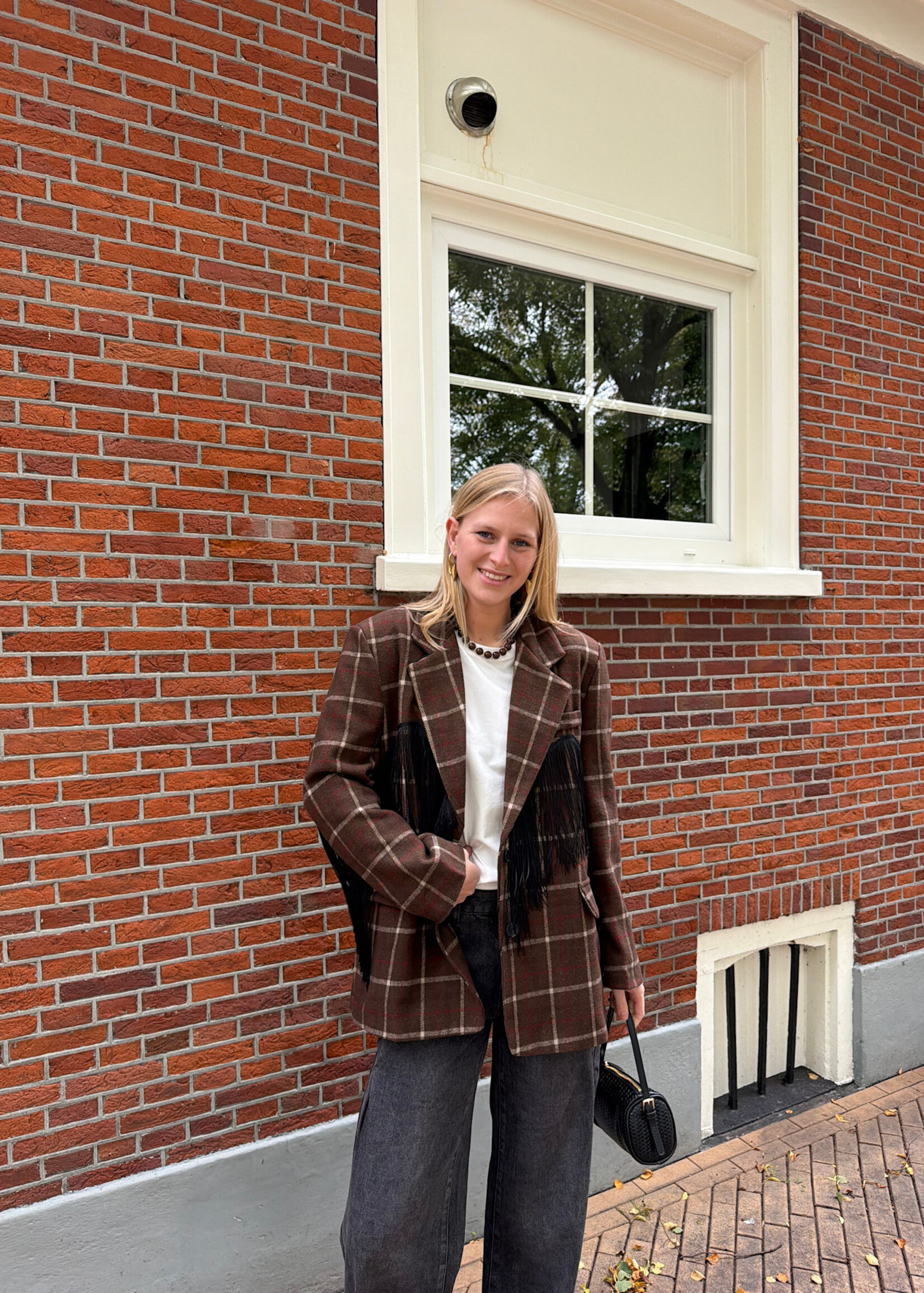Flo Boutique Checked Blazer Ella Fringes Choco