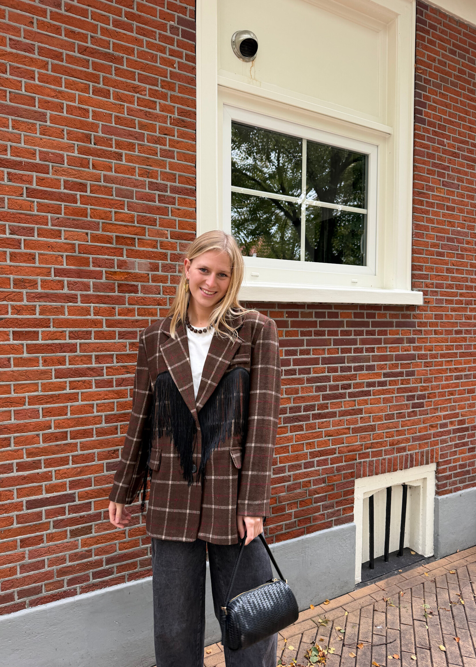 Flo Boutique Checked Blazer Ella Fringes Choco