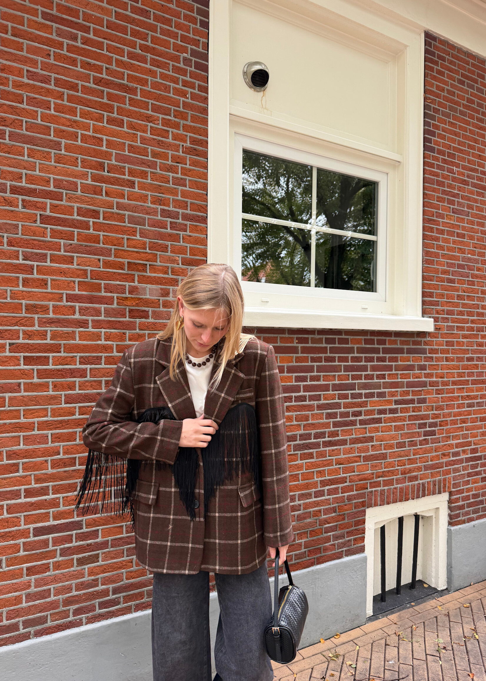Flo Boutique Checked Blazer Ella Fringes Choco
