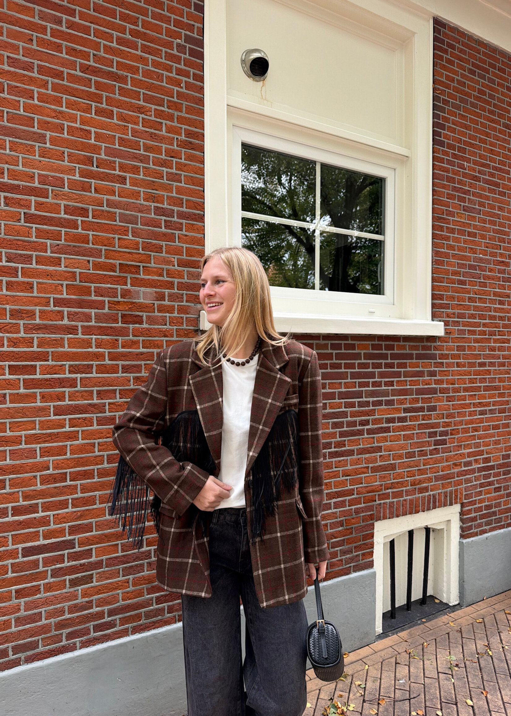 Flo Boutique Checked Blazer Ella Fringes Choco