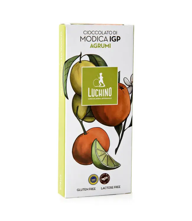 Luchino Chocolade uit Modica I.G.P.  met  Citrusvruchten, CIOCCOLATO DI MODICA I.G.P LUCHINO AGLI AGRUMI