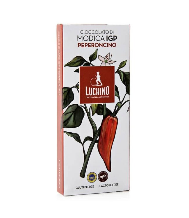 Luchino Chocolade uit Modica I.G.P.  met  pepertjes, CIOCCOLATO DI MODICA I.G.P AL PEPERONCINO