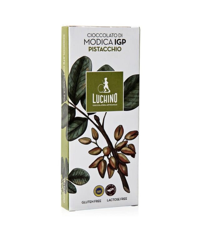 Luchino Chocolade uit Modica I.G.P.  met  Siciliaanse pistache, CIOCCOLATO DI MODICA I.G.P AL PISTACCHIO