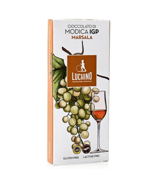 Luchino Chocolade uit Modica I.G.P.  met  Marsala wijn, CIOCCOLATO DI MODICA I.G.P LUCHINO AL MARSALA