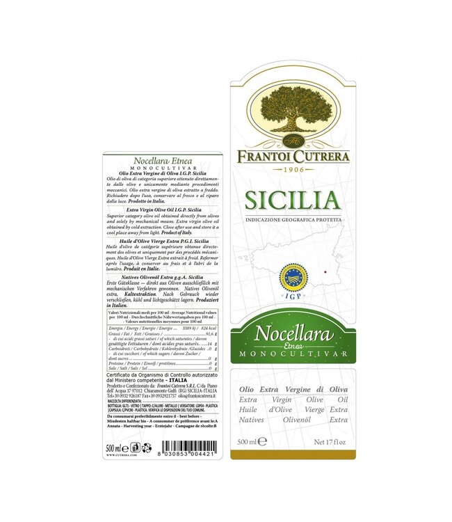 Frantoi Cutrera Extra vergine olijfolie uit Sicilië I.G.P , MONOCULTIVAR NOCELLARA ETNEA