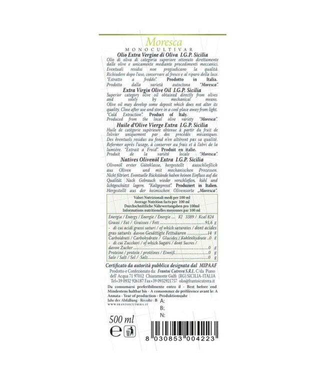 Frantoi Cutrera Extra vierge olijfolie uit Sicilië I.G.P , MONOCULTIVAR Moresca