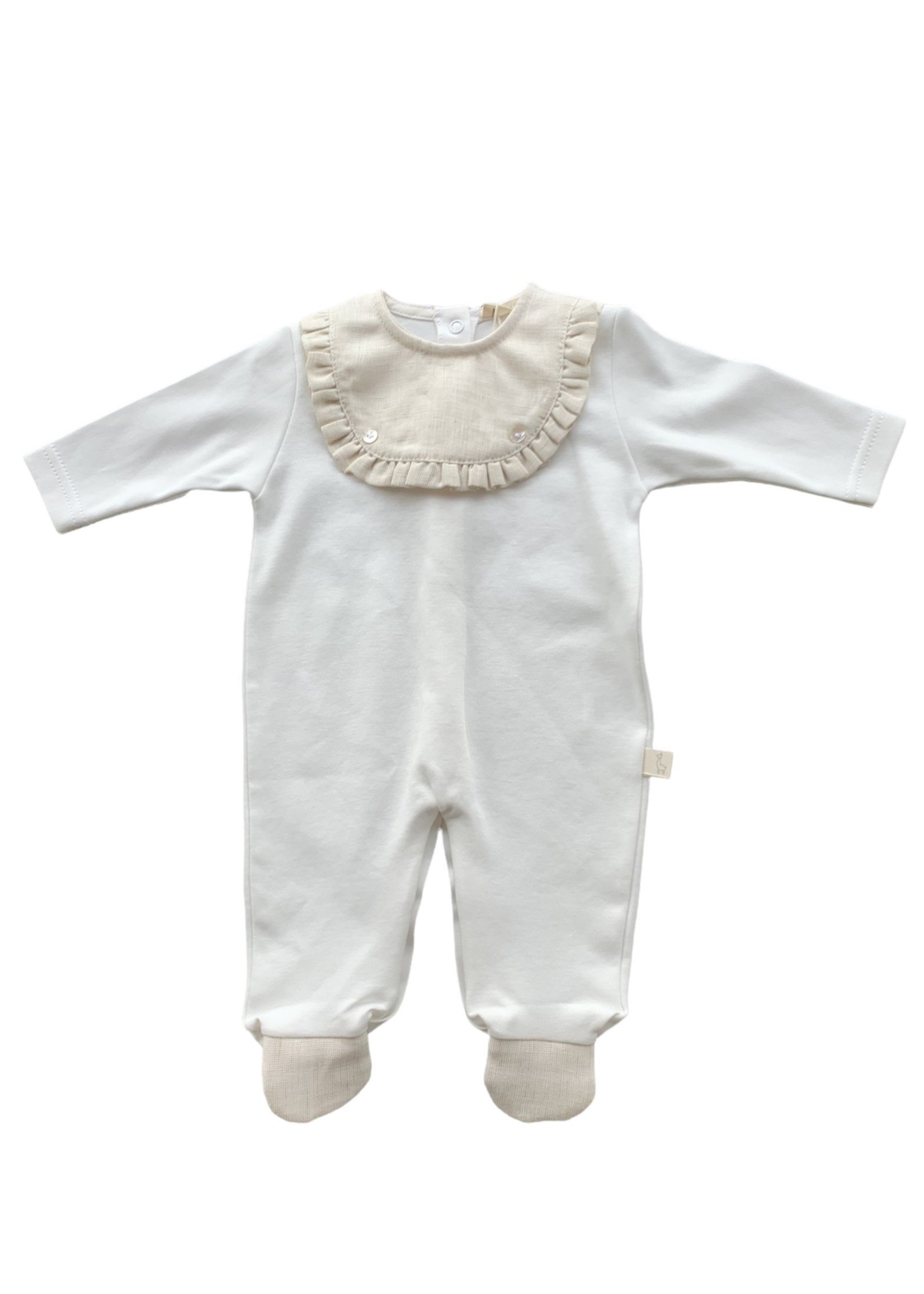 Baby Gi White Cotton Babygrow With Cream Frilly Chest Detail