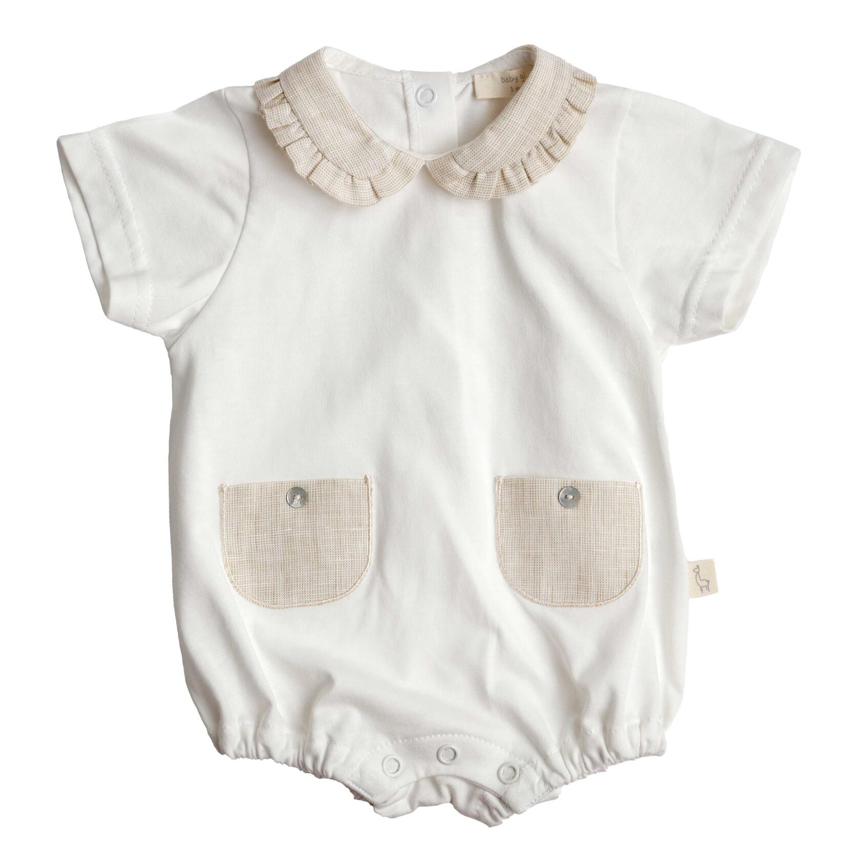 Baby Gi White Romper With Frilly Collar & Pockets - Cream Detail, Linen 6M