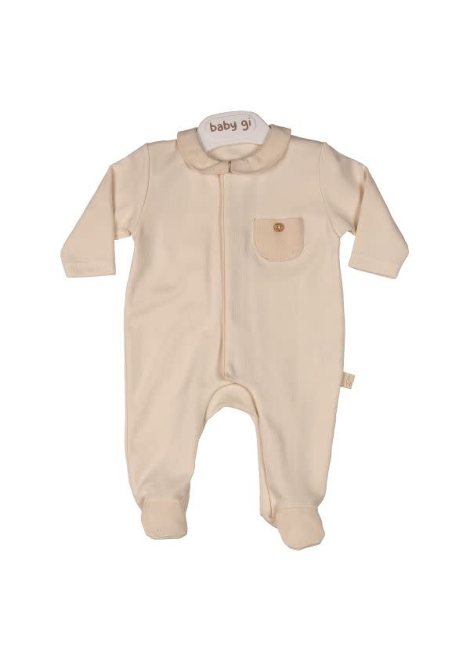 Baby Gi Beige Babygrow With Collar & Pocket Organic Cotton