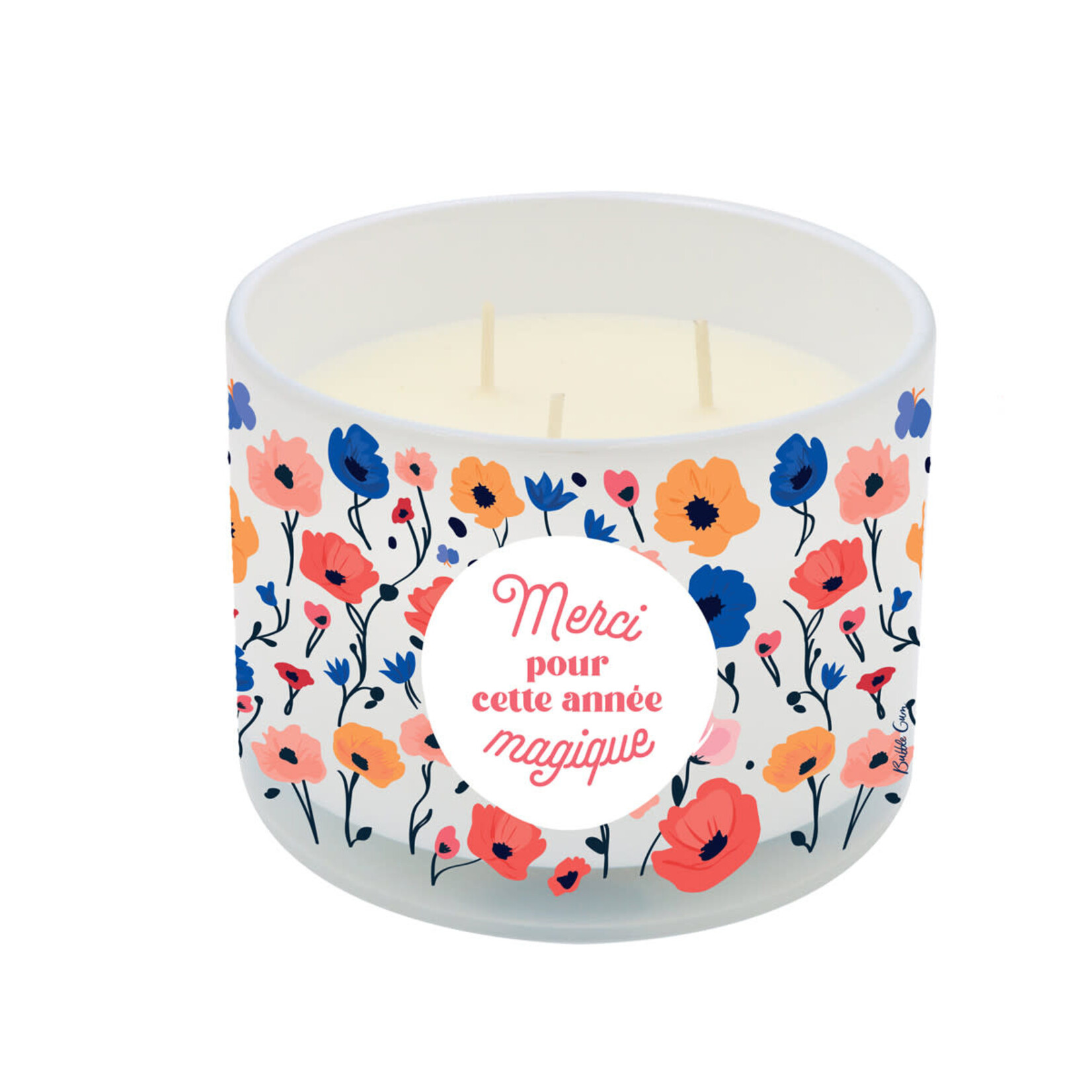 Bubble gum Bougie blanche 2 mèches - merci pour cette année magique