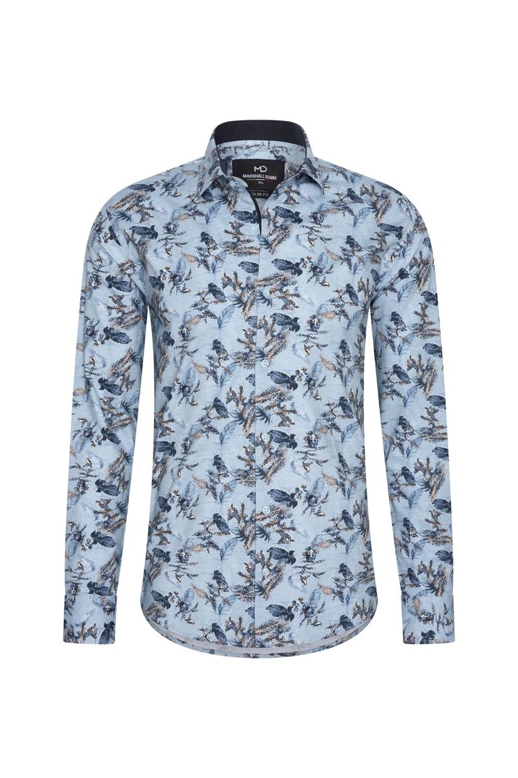 Overhemd blauw met bladeren print 1972