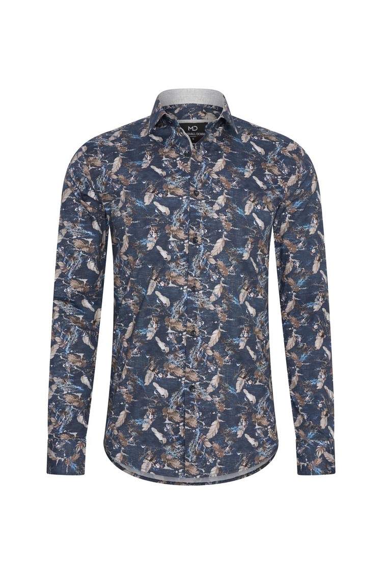 Overhemd donkerblauw met bladeren print 1970