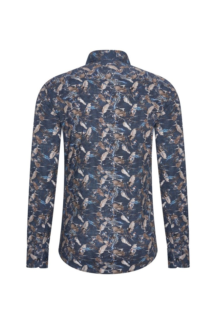 Overhemd donkerblauw met bladeren print 1970