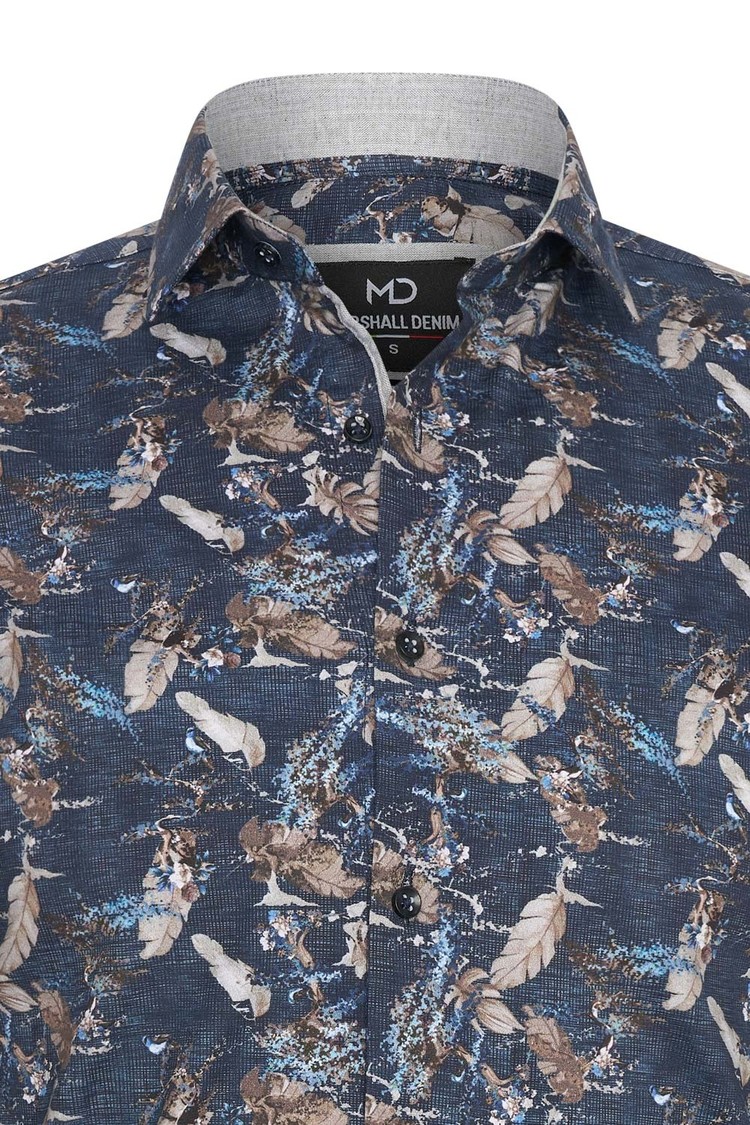 Overhemd donkerblauw met bladeren print 1970