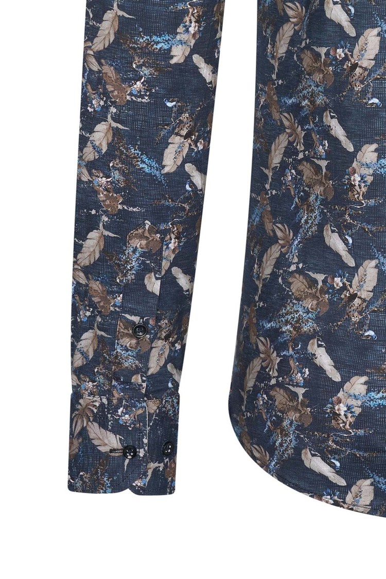 Overhemd donkerblauw met bladeren print 1970