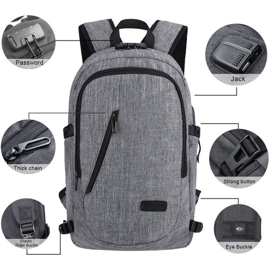 Igoods IGOODS - USB Computer Rugtas met Lader - Waterdicht - met sleutelcode - 15,6 inch - Grijs