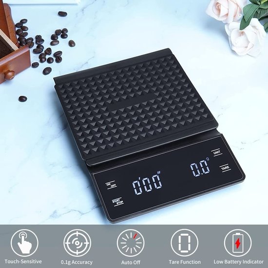 Imtex IMTEX - Keukenweegschaal - Koffie Scale - met Timer - LED Scherm - 3000 gram - 3 kilo - Zwart