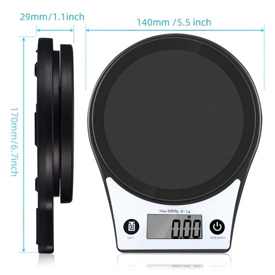 Imtex IMTEX - Keukenweegschaal - Rond - 5000 gram - 5 kilo - Zwart